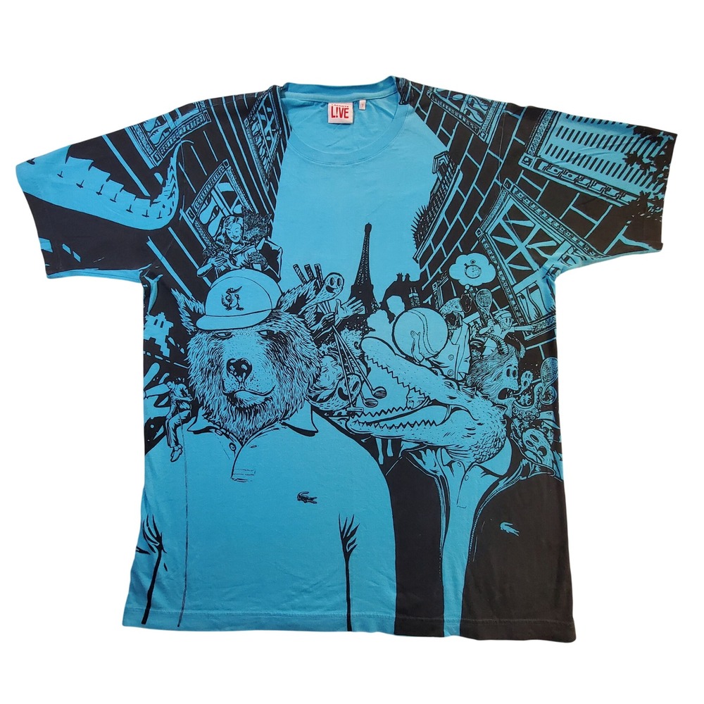 Lacoste LIVE Mens Blue Black Graphic Print T-Shirt Paris Bear Croc Size 7 L XL